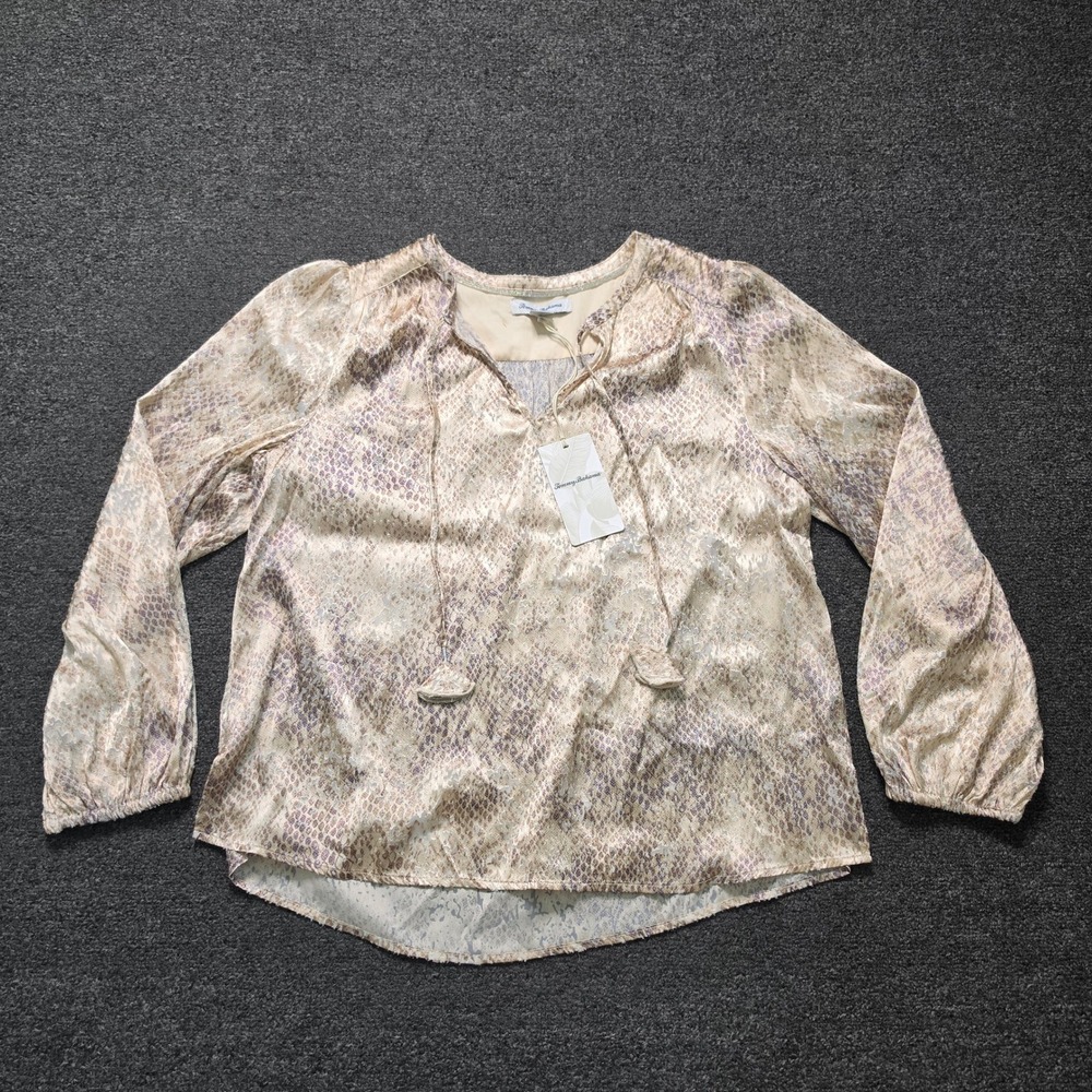 Tommy Bahama Glittering Sea Blouse Snakeskin Print Beige‎ Womens Medium Tie NEW